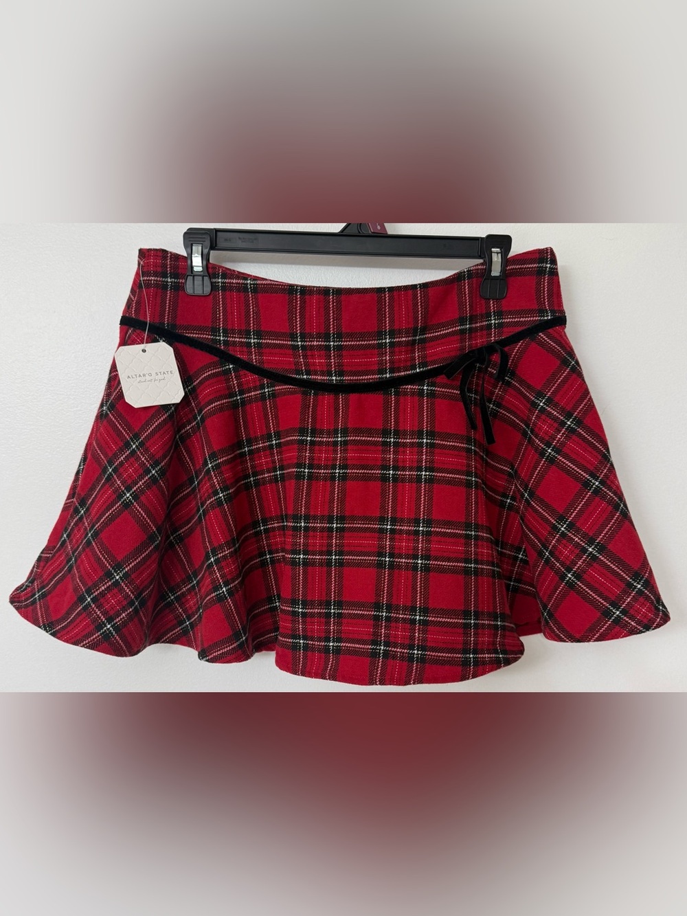 Altar'd State Red Plaid Circle Skirt with Black Trim